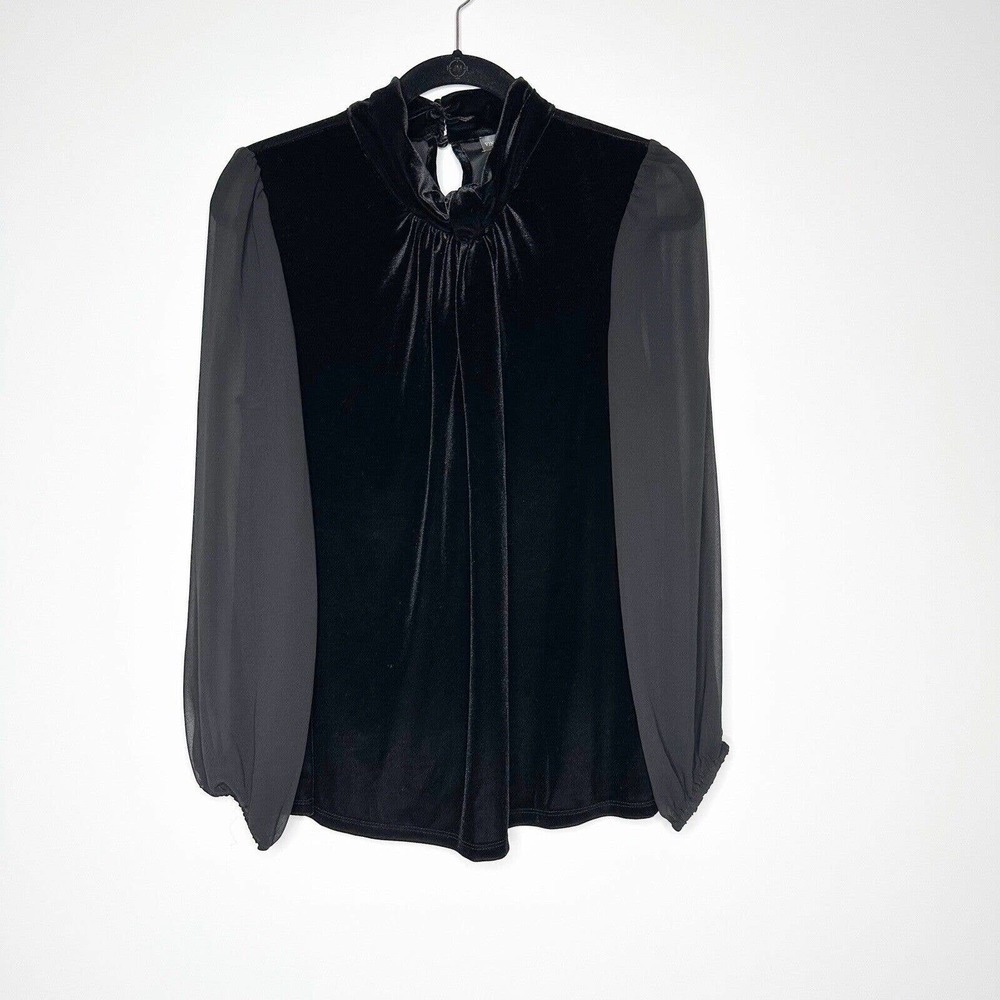 NWT Vince Camuto Keyhole Neck Mixed Media Velvet Top Sheer Sleeve Womens Black M - Picture 2 of 6